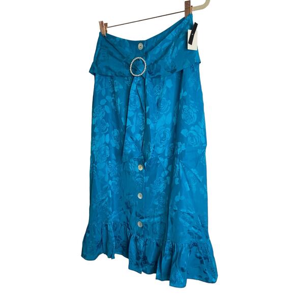 Art Dealer Floral Midi Skirt Silk Blend Satin Ruffle Hem Turquoise Size Medium - Picture 5 of 13